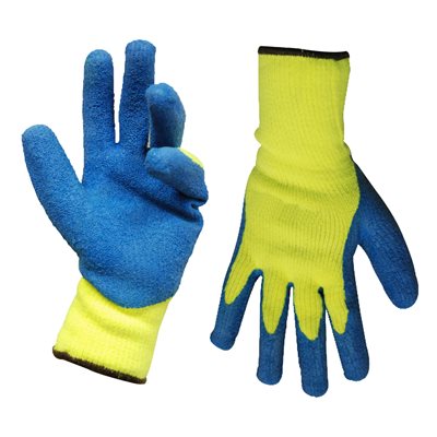Yellow knitted gloves with blue latex coating over palms and fingers