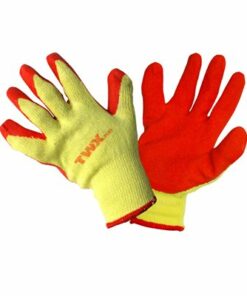 yellow knit gloves with orange latex coated palms and finger tips